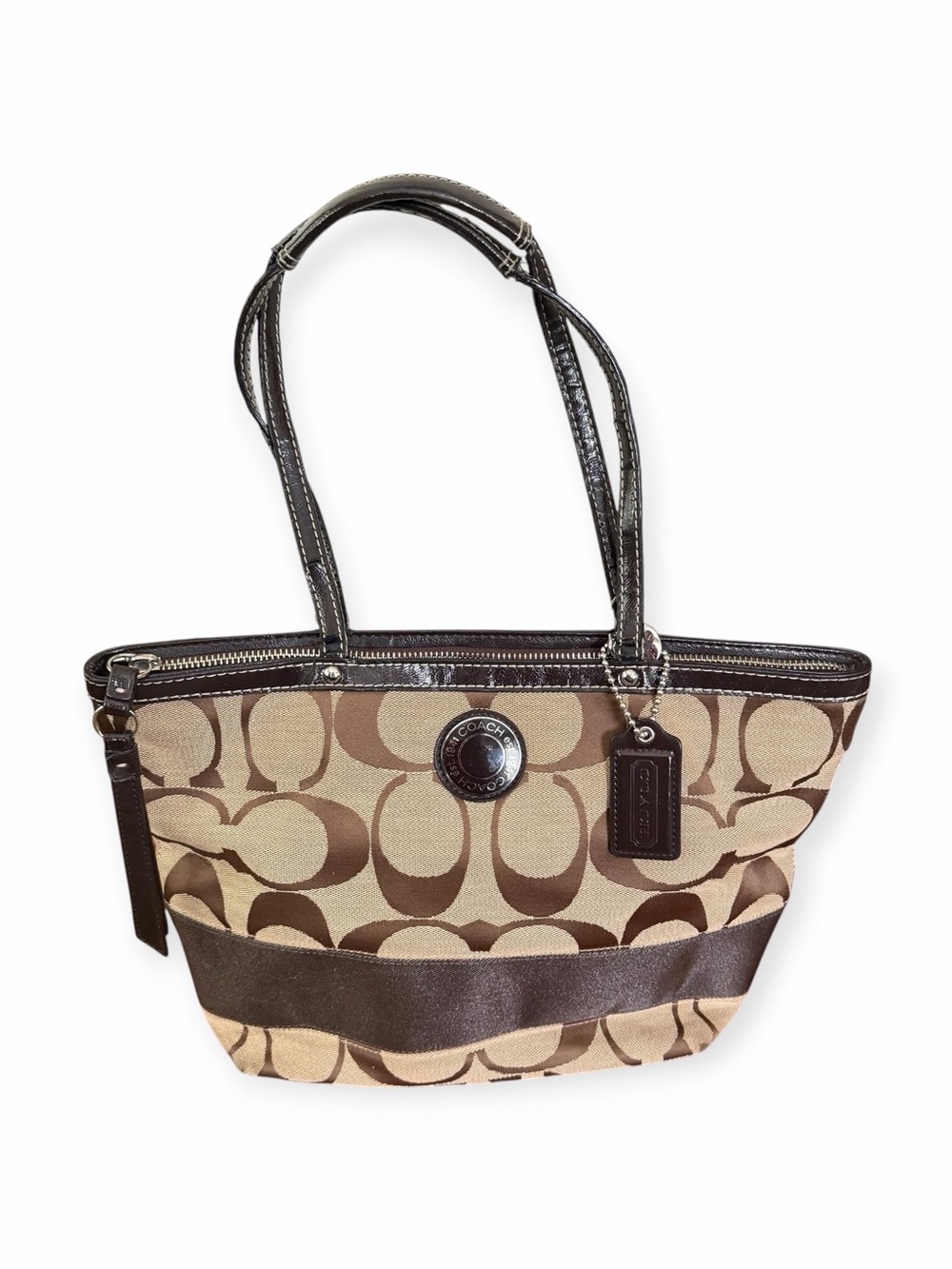 Coach Tan and Brown Signature Canvas Shoulder Tote Bag Purse
